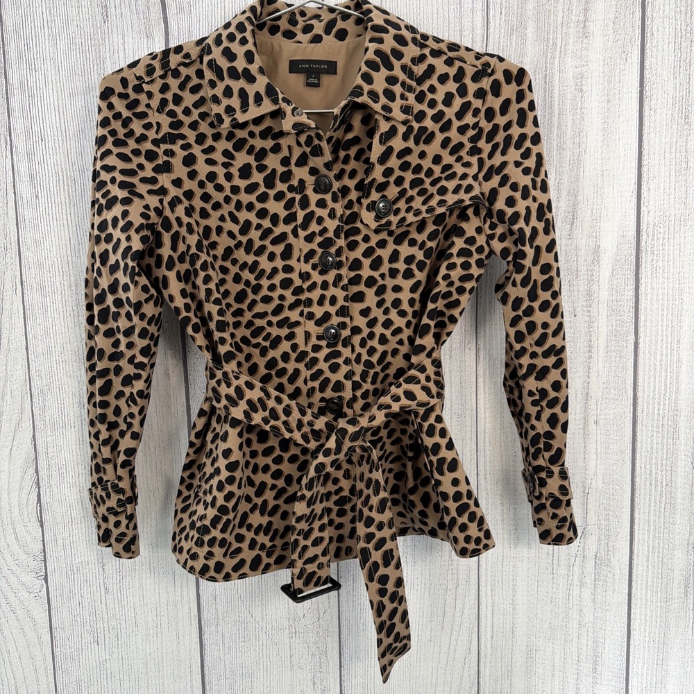 Ann Taylor Jacket Womens 6 Black Tan Cheetah Leopard Animal Print Belted Coat - Picture 10 of 14